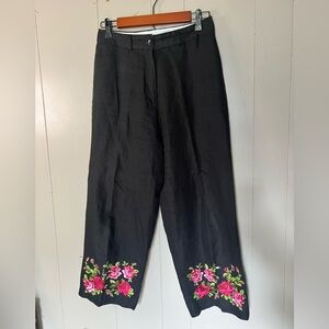 Jillian Jones 100% Linen Pants, Black with Pink Floral Size 6